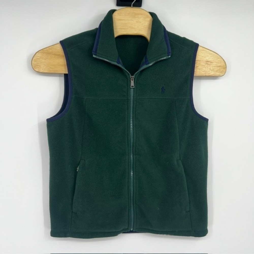 Polo Ralph Lauren Men's Medium Forest Green Fleece Full Zip Vest Navy Trim